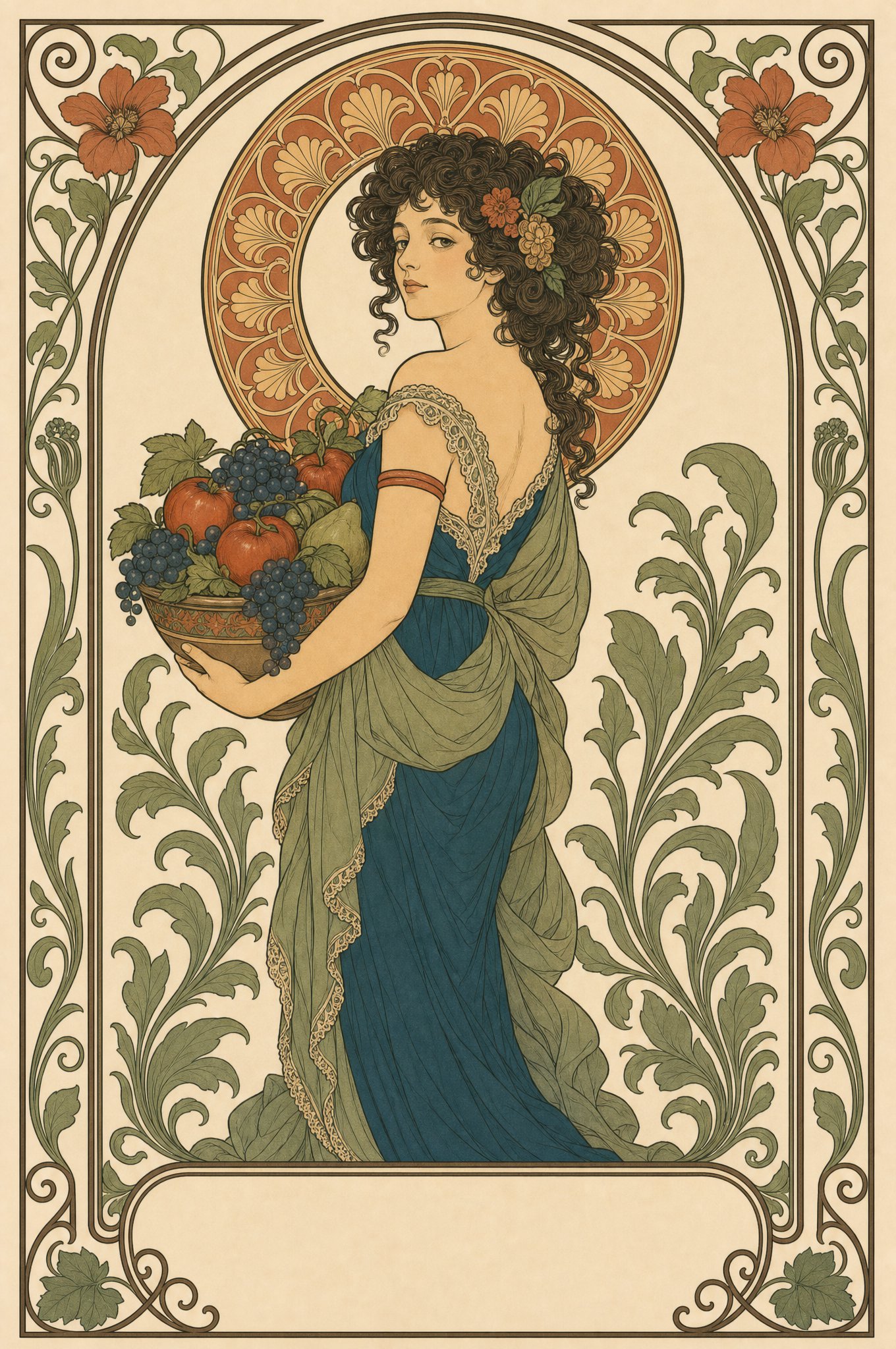Tavola Liberty originale: la dama dei frutti, figura editoriale della pagina lavori
