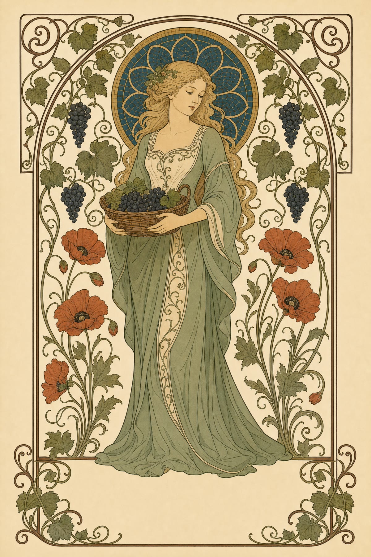 Tavola Liberty originale: donna bionda con cesto d'uva, figura editoriale della pagina adv