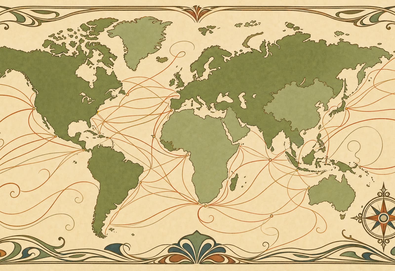 Mappa ornamentale originale in stile Liberty, senza testo, con rotte e tralci