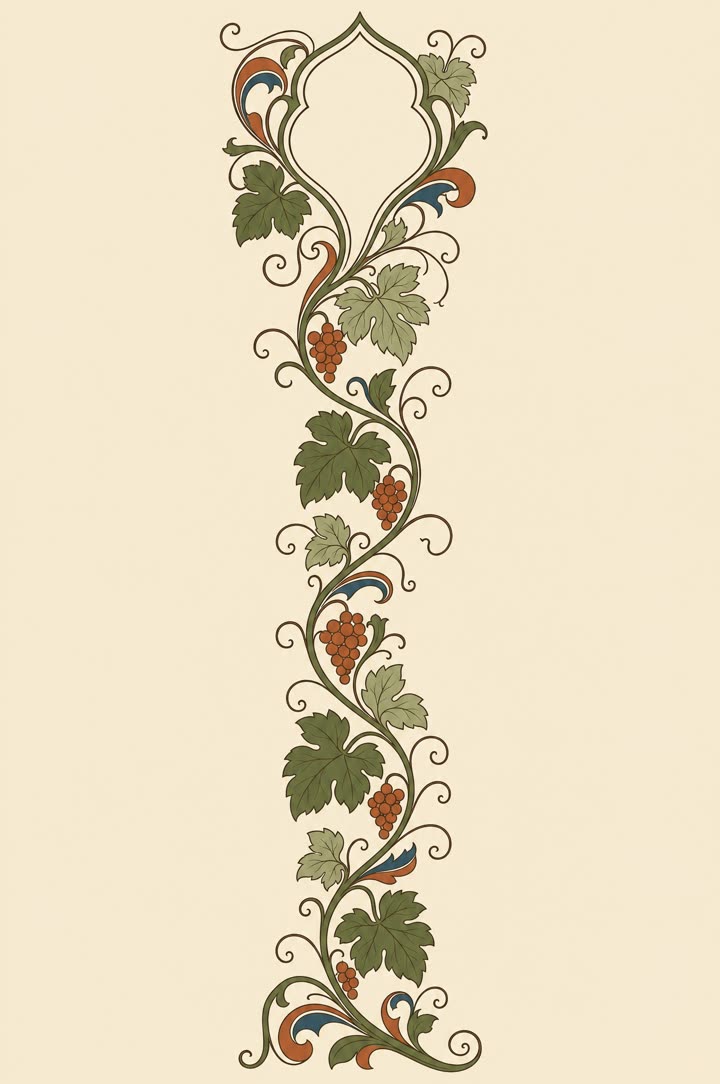 Ornamento verticale Liberty: tralci, viticci e grappoli su carta champagne
