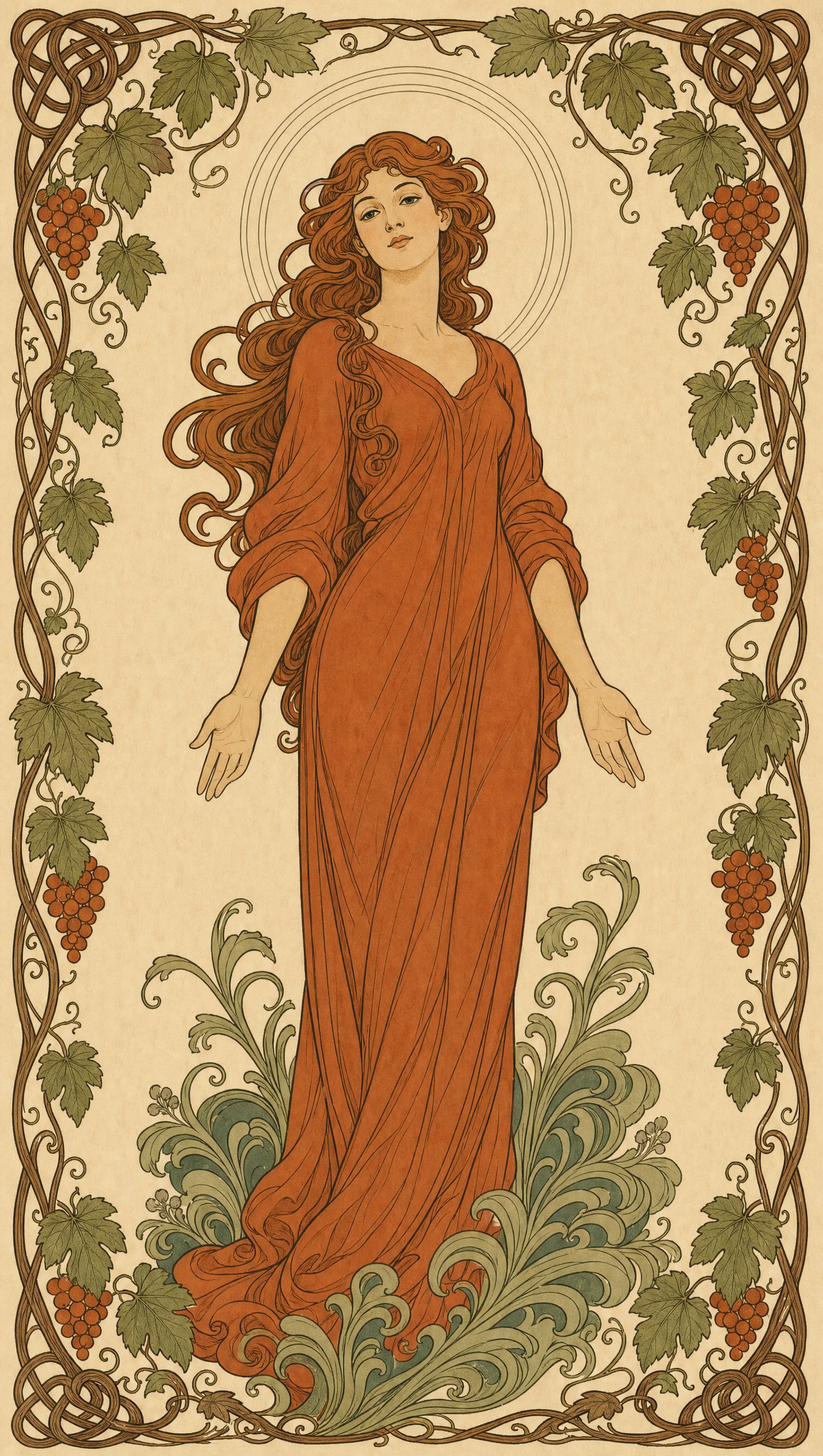 Pannello Liberty originale: donna con veste terracotta e arcate, figura della pagina cosa facciamo