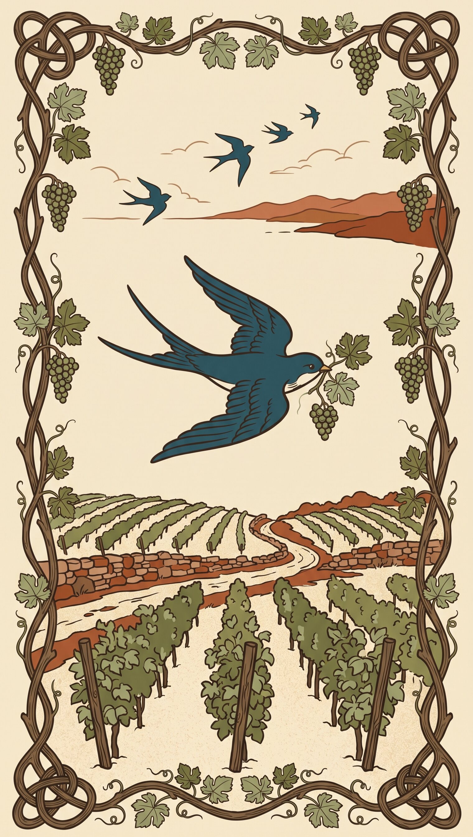Pannello Liberty originale: le rondini in volo sopra le vigne, figura della pagina degustazione online