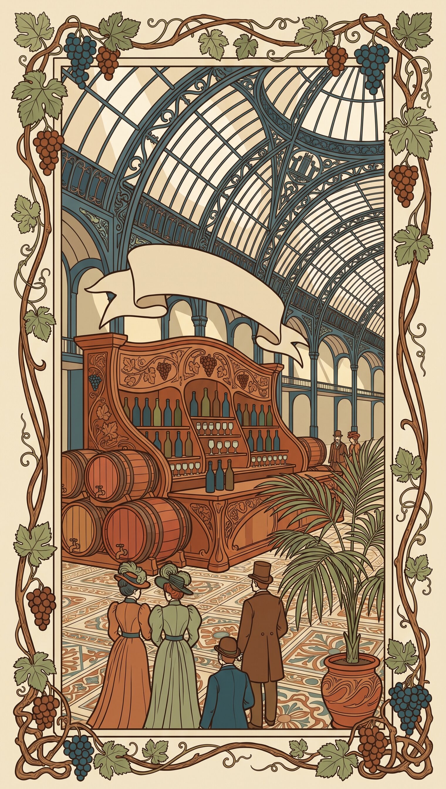 Pannello Liberty originale: il padiglione di ferro e vetro di un'esposizione del 1900 con il banco del vino, figura della pagina fiera