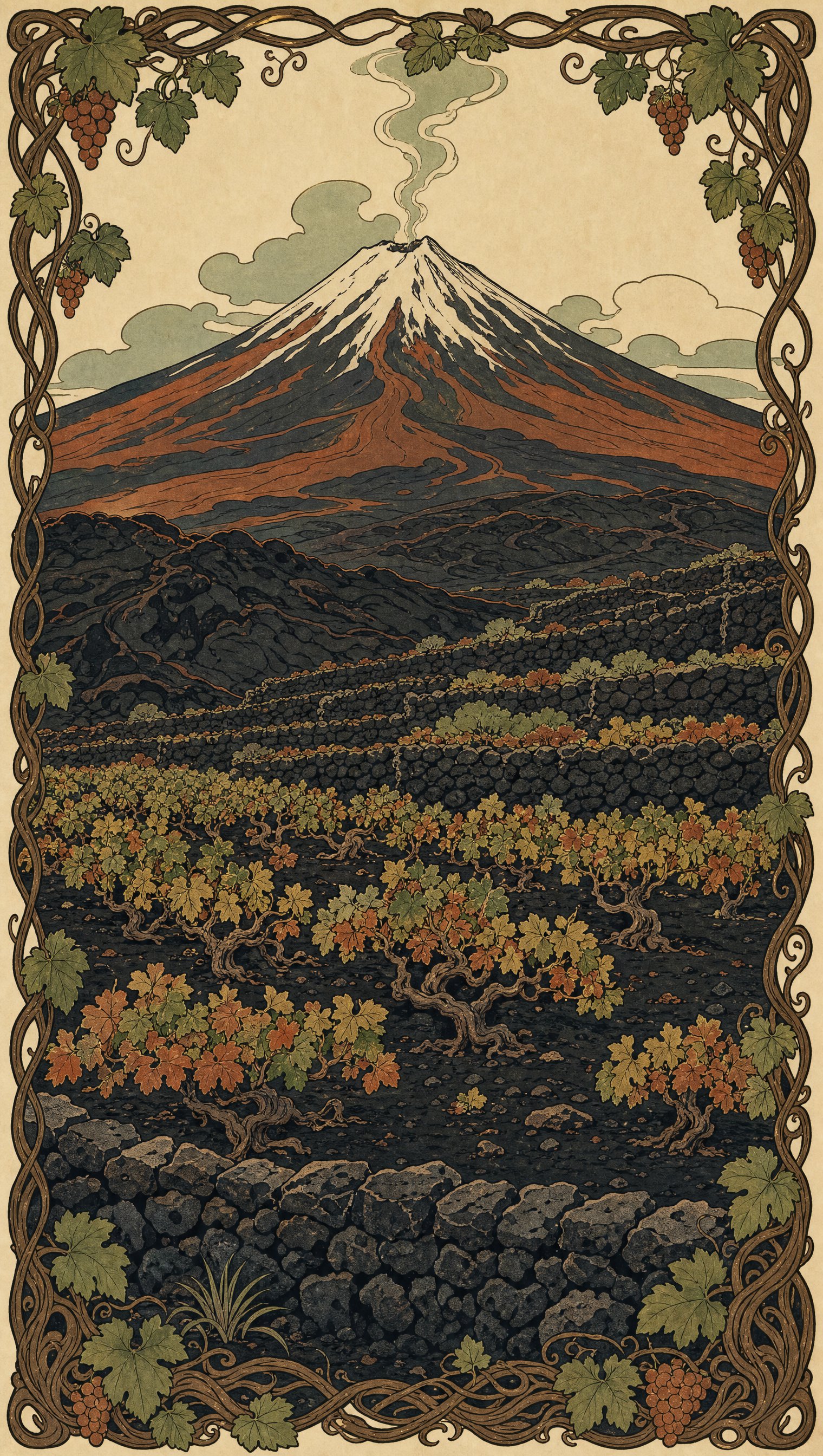 Pannello Liberty originale: il vulcano con la lava, figura della pagina test